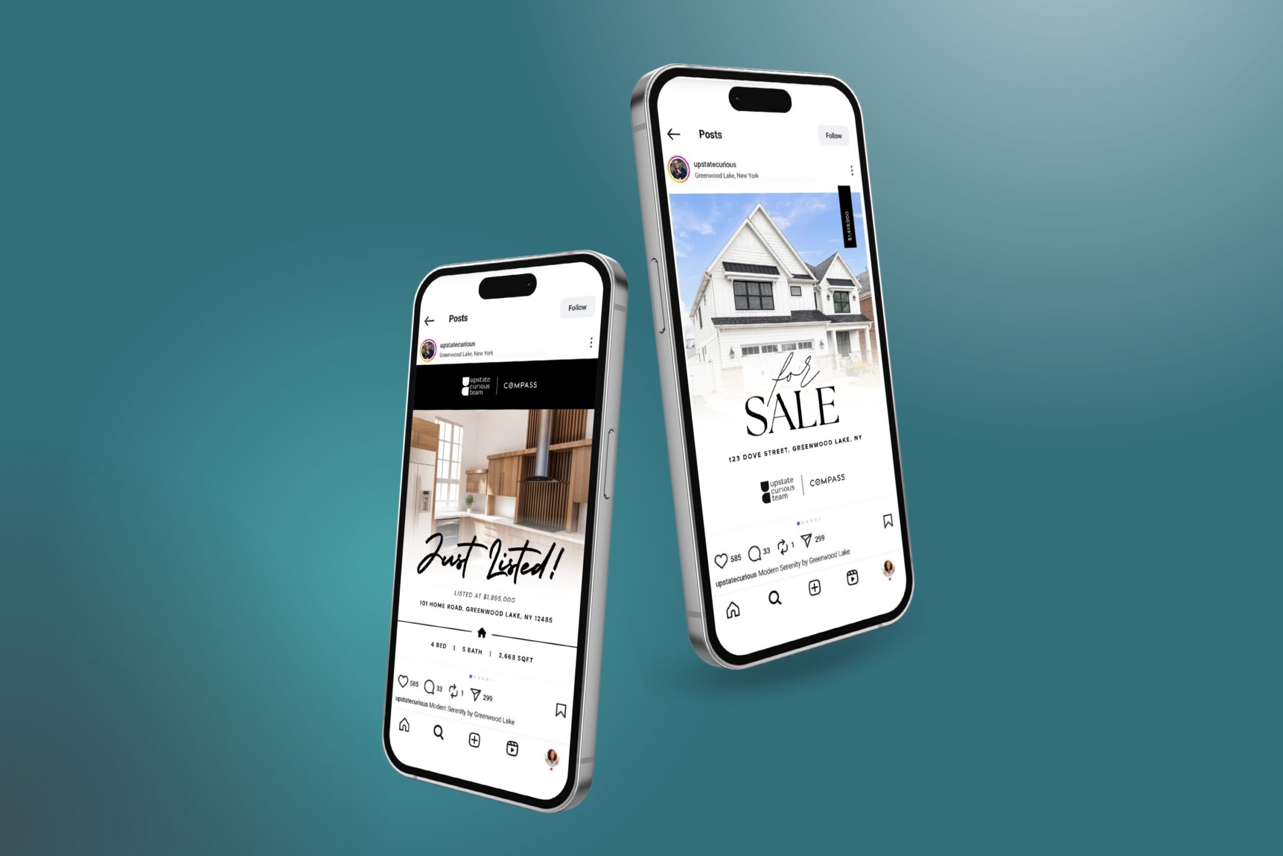 Smartphones displaying real estate social media content with just listed and for sale posts