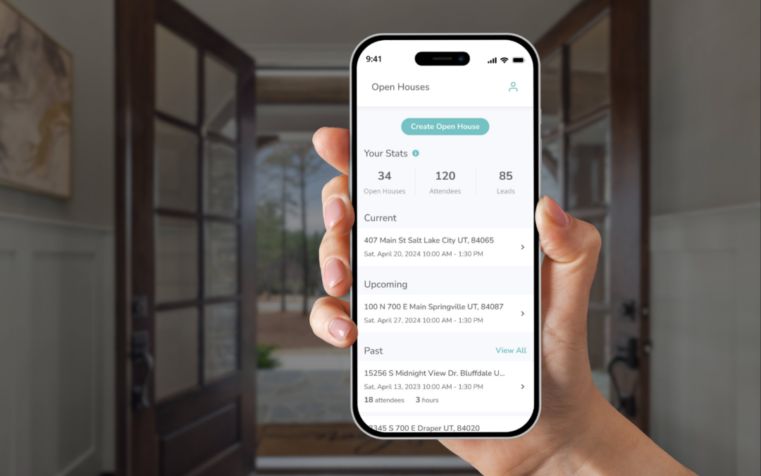 Brivity Open House App displaying agent stats: 34 open houses, 120 attendees, and 85 leads captured